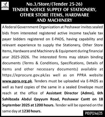 Federal Government Organization Peshawar Tender Notice